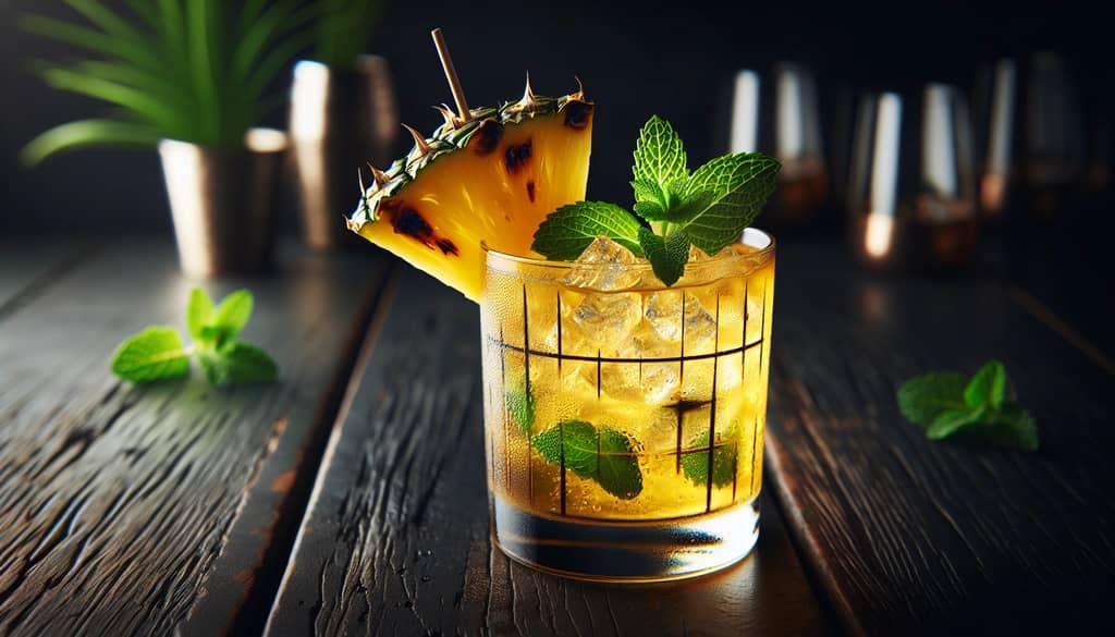 grilled pineapple rum cocktail served with grilled garnish and mint