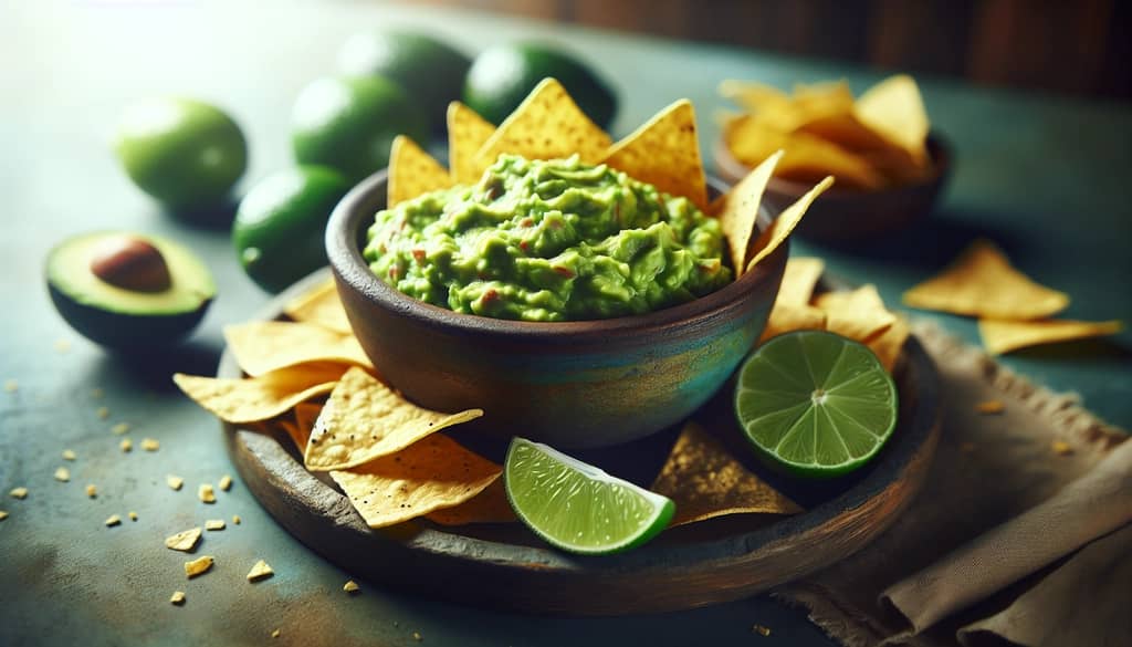 guacamole and tortilla chips appetizer on stone plate