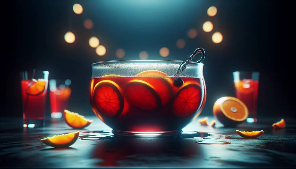 Cóctel de Halloween en un bol de ponche de vidrio con rodajas de naranja