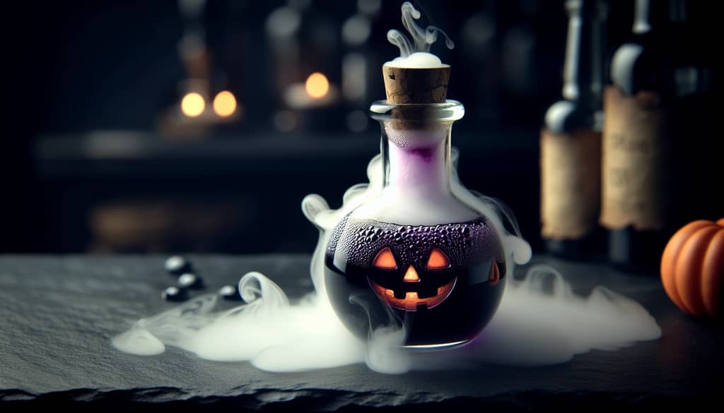 Halloween cocktail bubbling with dry ice fog