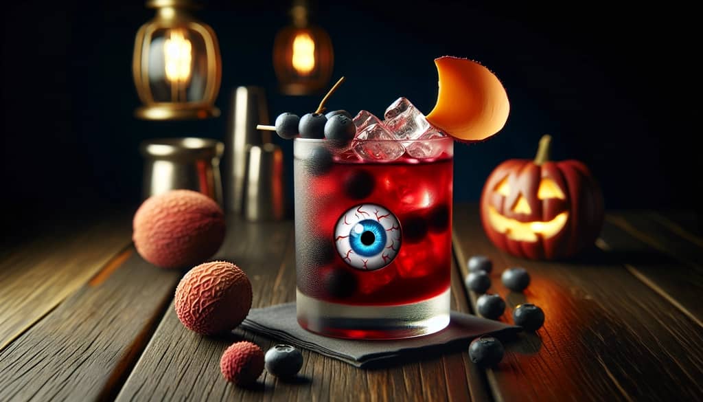 Halloween cocktail with lychee eyeball garnish
