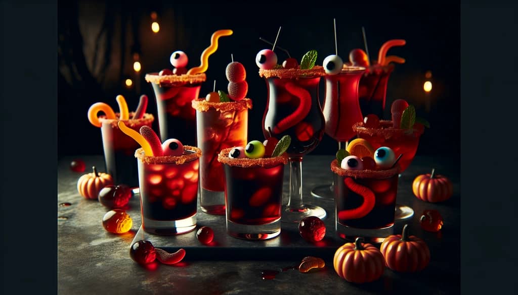Halloween cocktails with spooky garnishes served on a dark bar
