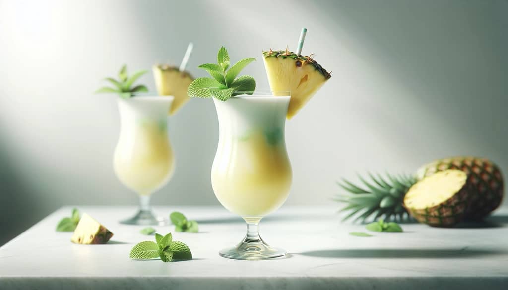healthy virgin piña colada garnished with mint on marble