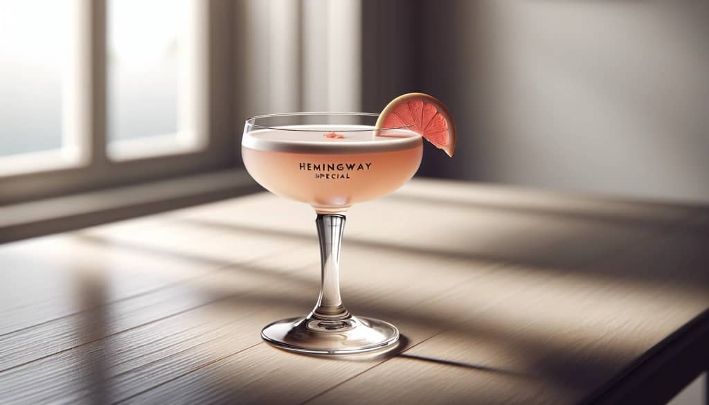 Hemingway Special cocktail close-up with grapefruit twist on bar