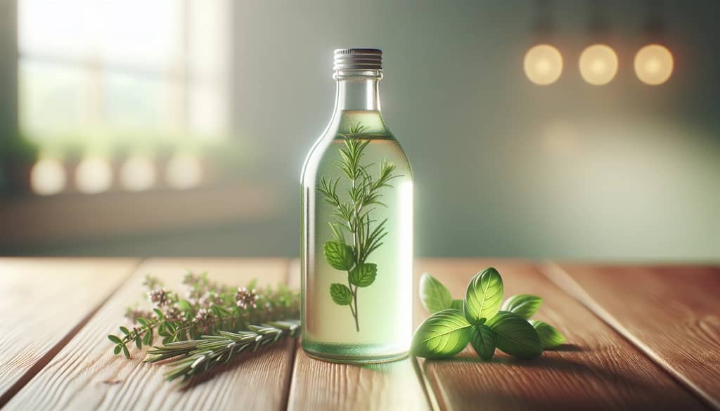 herb infused simple syrup bottle with fresh herbs