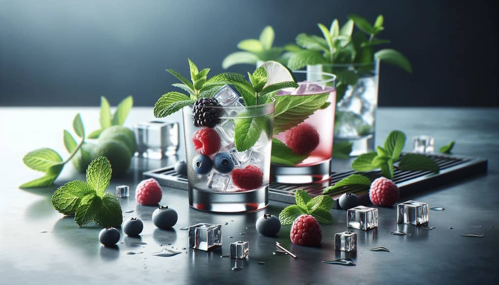 fresh herbal cocktail preparation with mint and berries