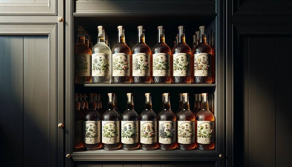 bouteilles de liqueur aux herbes dans une armoire faiblement éclairée
