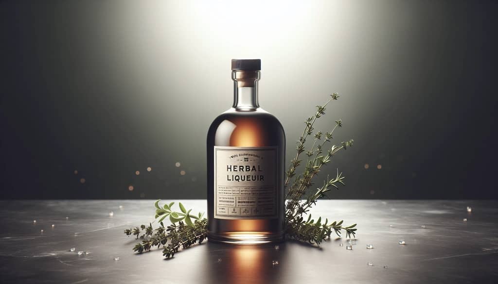 herbal liqueur bottle with fresh herbs
