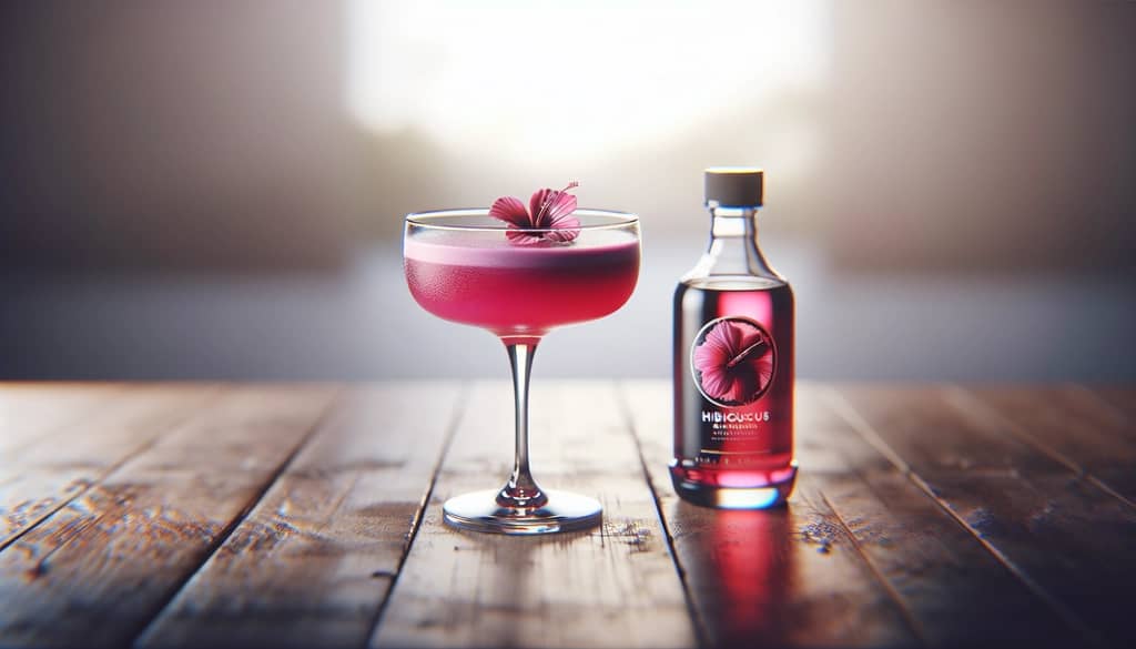 hibiscus syrup in clear bottle and daiquiri in coupe glass