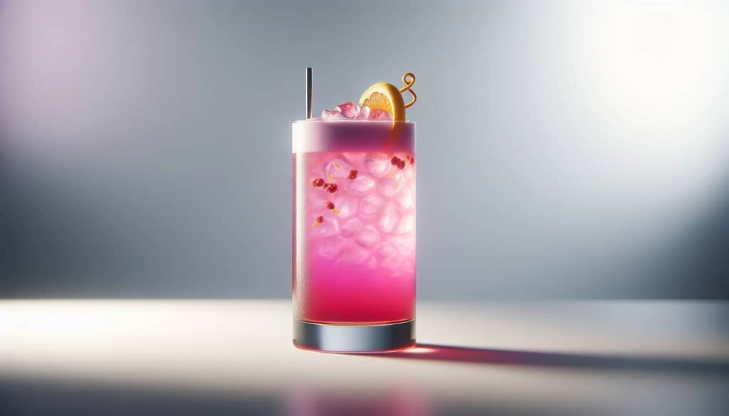 hibiscus gin fizz in highball glass with magenta foam