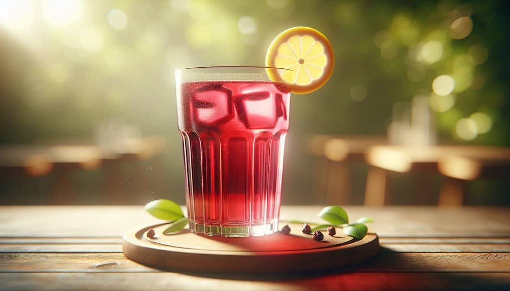 Hibiscus lemonade in a tall glass with lemon wheel garnish