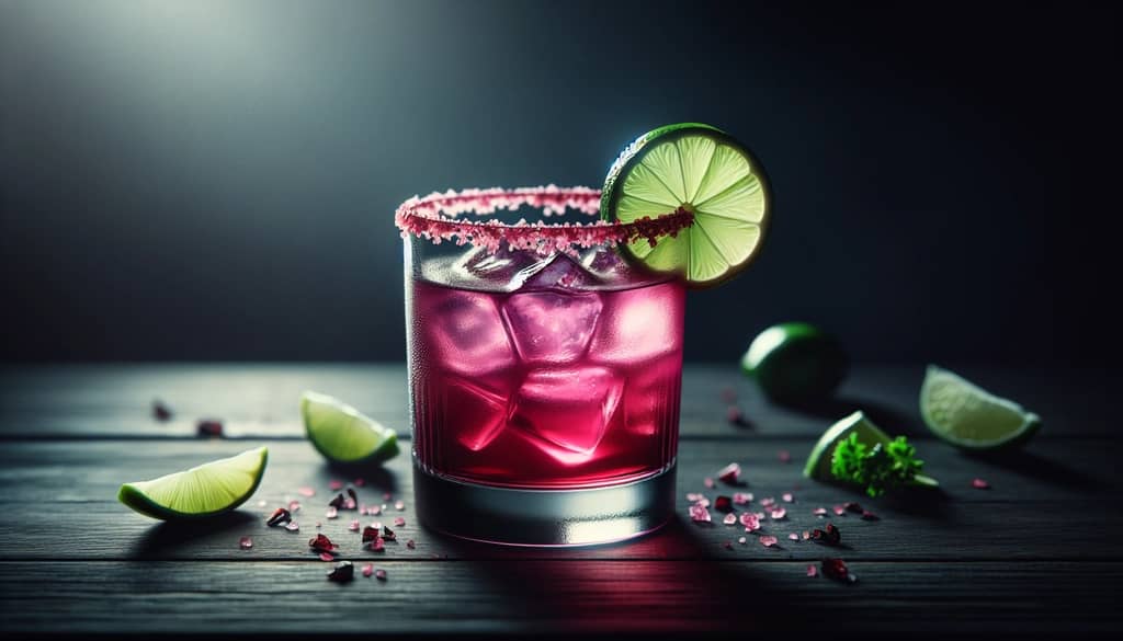 verre de margarita à l'hibiscus style restaurant avec bordure de citron vert et d'hibiscus