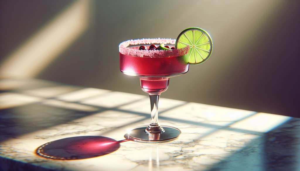 margarita de hibisco en vaso old fashioned con rueda de lima