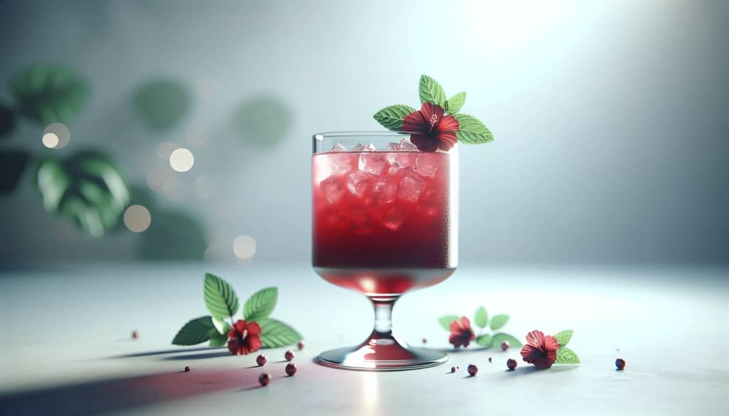Hibiscus mocktail with fresh garnish on white background