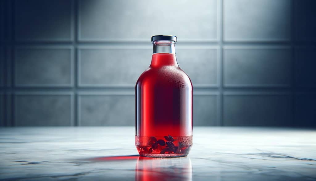 jarabe casero de hibisco en una botella de vidrio