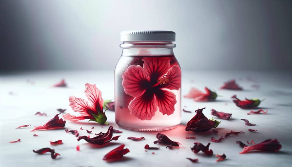 hibiscus syrup in small glass jar next to dried hibiscus petals