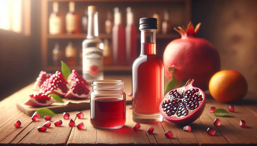 hibiscus syrup in small glass jar and pomegranate juice beside tequila bottle