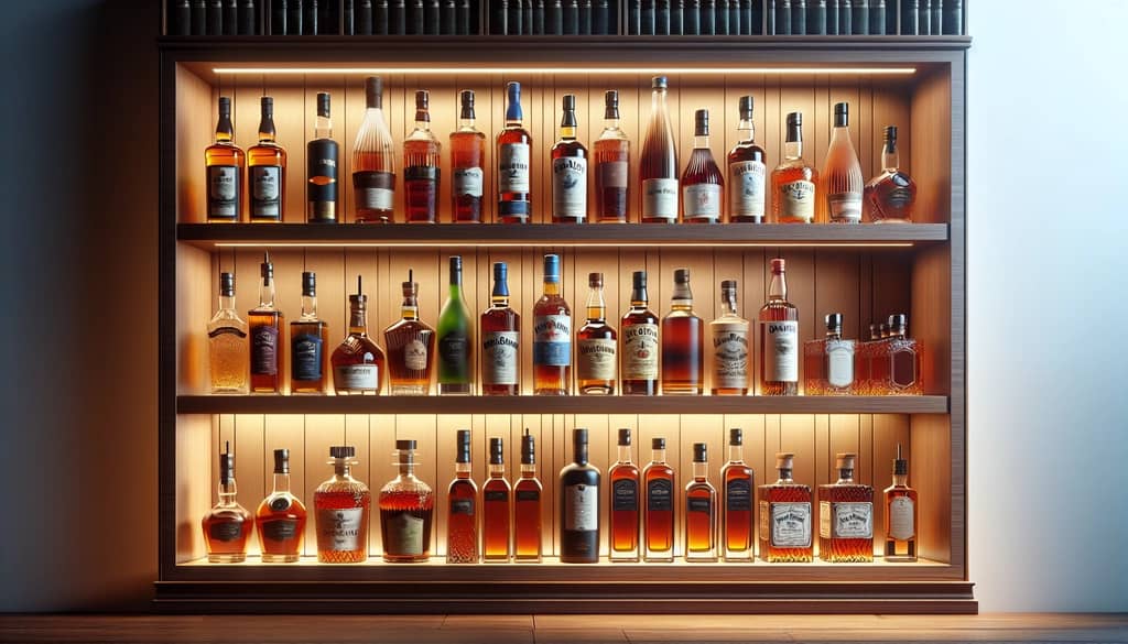 Wybór butelek ekskluzywnych alkoholi na półce baru