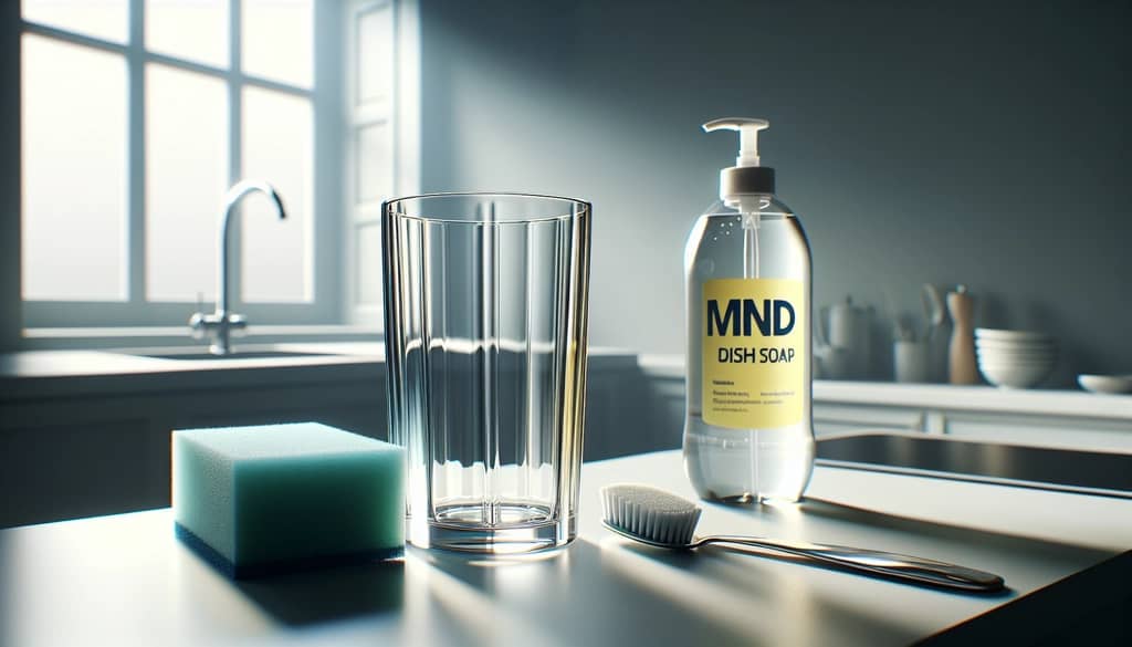 Verre highball, éponge, savon doux sur le plan de travail