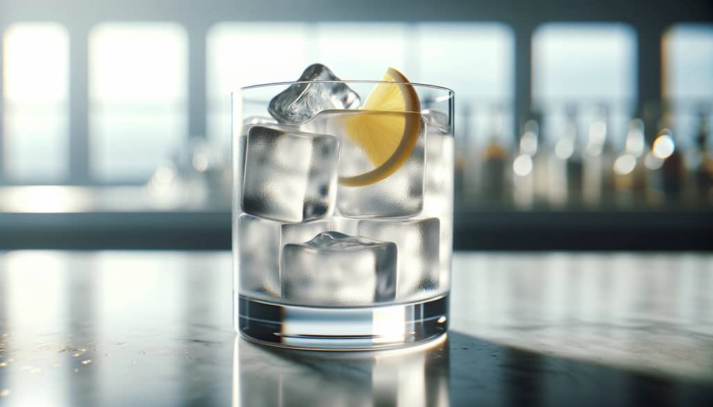 gelas highball dengan es dan hiasan jeruk