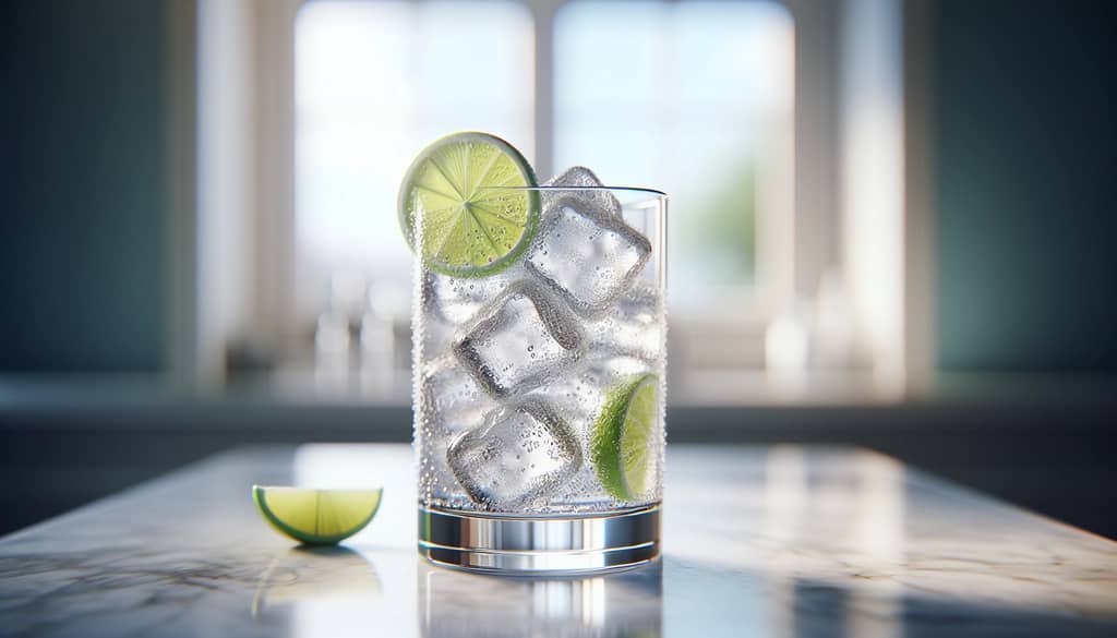 highball glass filled with iced cocktail and lime garnish