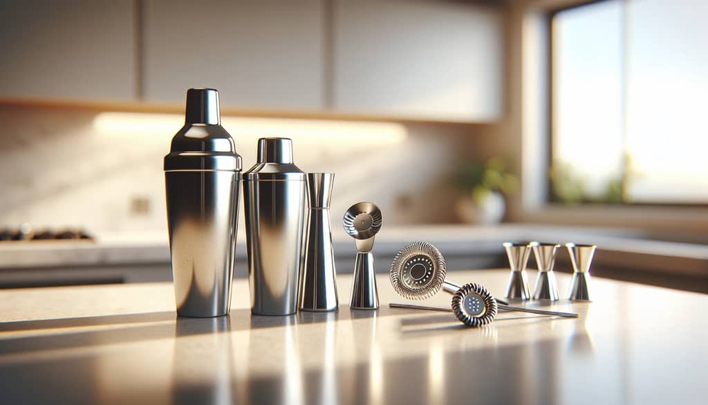 basic home cocktail making tools on kitchen counter