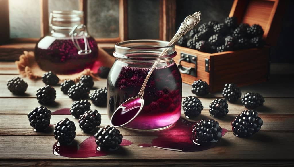 homemade blackberry syrup in a small jar with fresh blackberries and syrup spoon