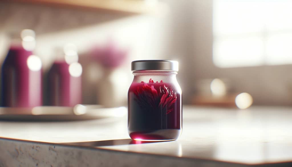 small batch of homemade hibiscus syrup in a glass jar