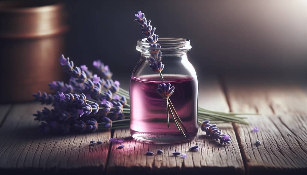 homemade lavender syrup in glass jar with fresh lavender
