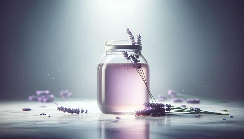 homemade lavender syrup in a glass jar on table