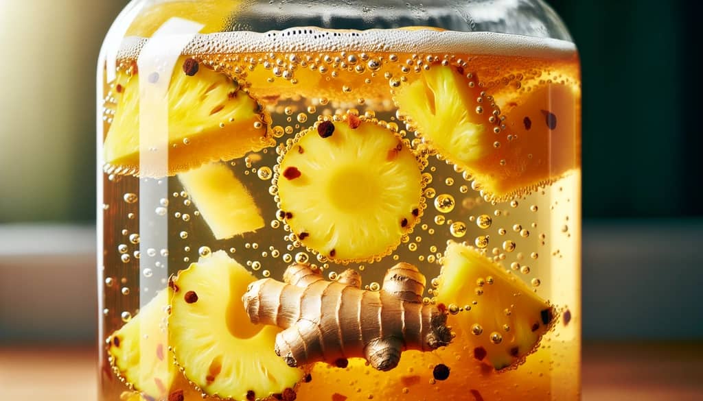 closeup of homemade pineapple ginger beer fermenting with bubbles and fruit