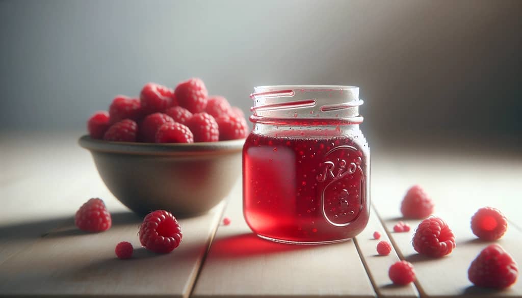 homemade raspberry syrup in a glass jar