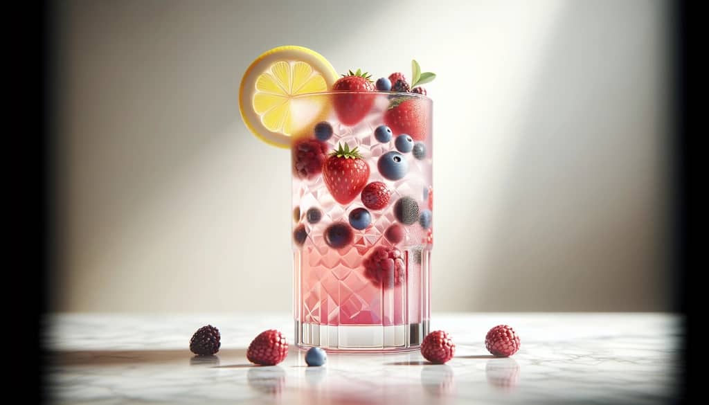 homemade sweet berry cocktail in a tall glass with berries
