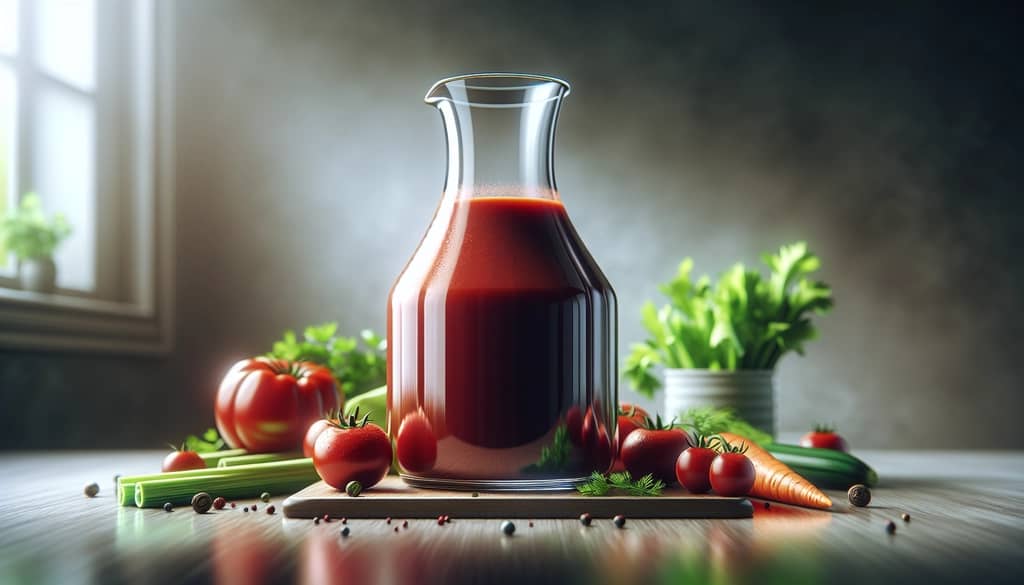 homemade vegetable juice for bloody mary in a carafe
