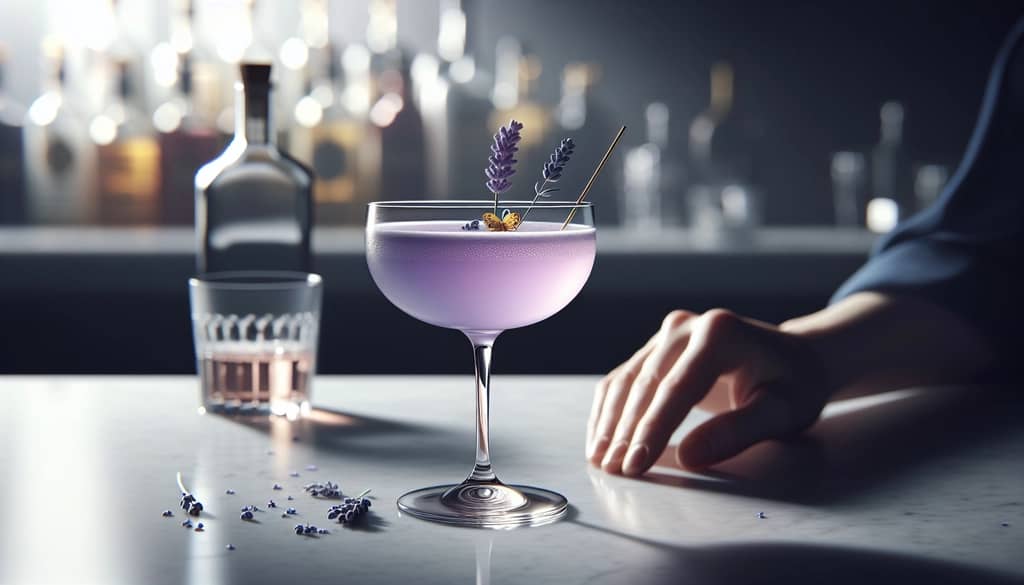 honey lavender gin cocktail in a coupe glass with lavender sprig