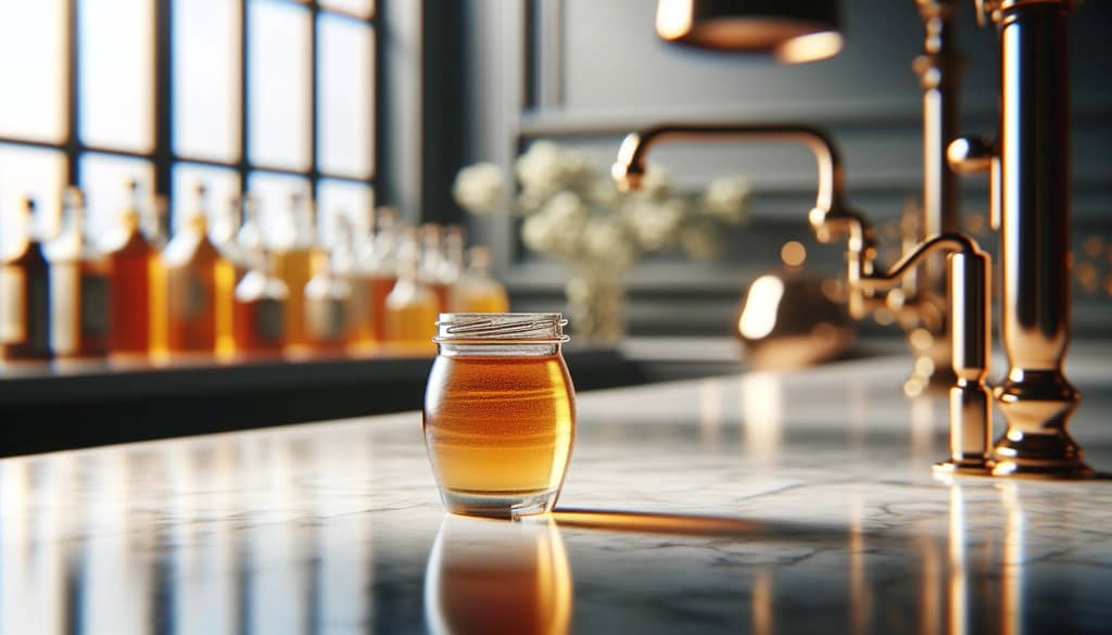 Một lọ thủy tinh nhỏ đựng siro mật ong vàng với muỗng bar trên quầy đá cẩm thạch