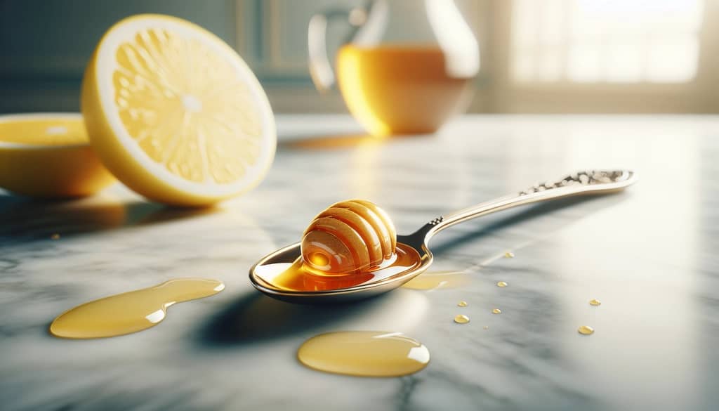 Honey syrup in a spoon on a marble surface