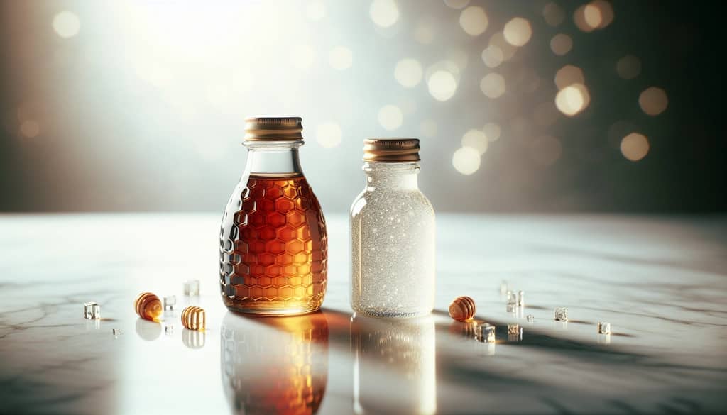 honey syrup in glass next to classic sugar syrup