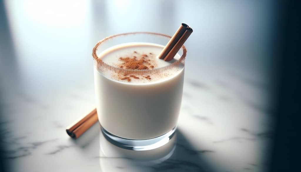 glass of Mexican horchata with cinnamon stick