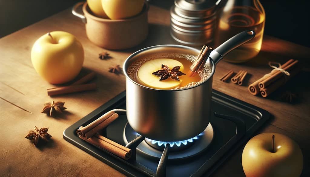 spiced apple juice being heated with cinnamon and star anise