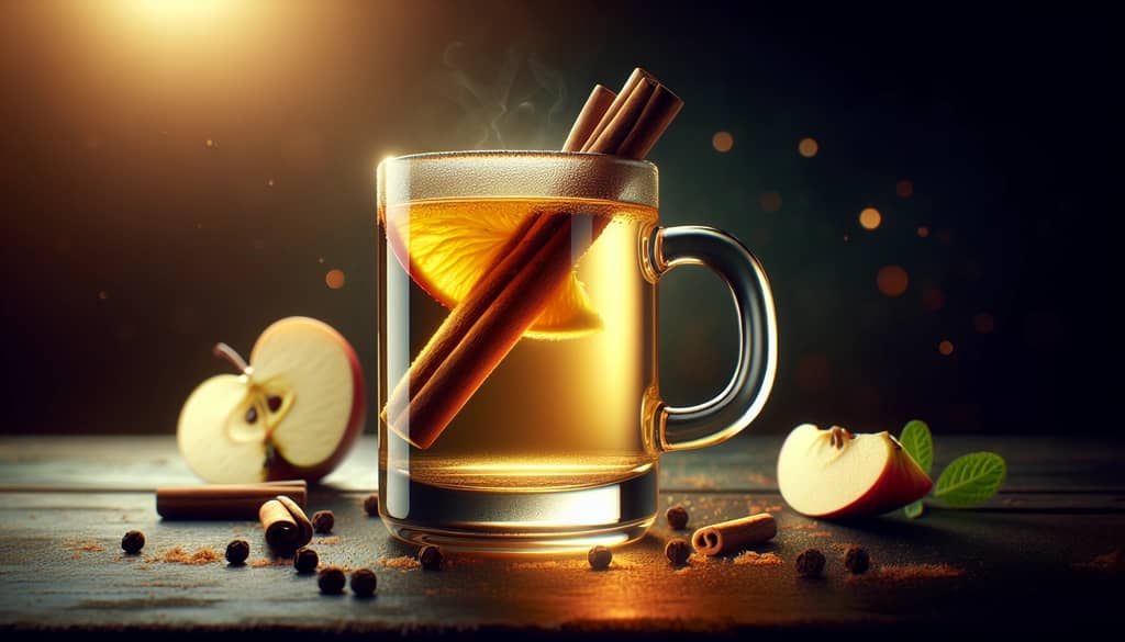 hot apple toddy cocktail with cinnamon and orange garnish