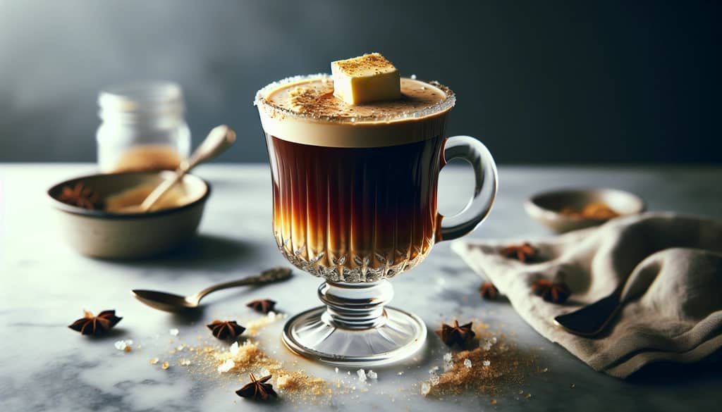 modern hot buttered rum in clear glass with nutmeg grating