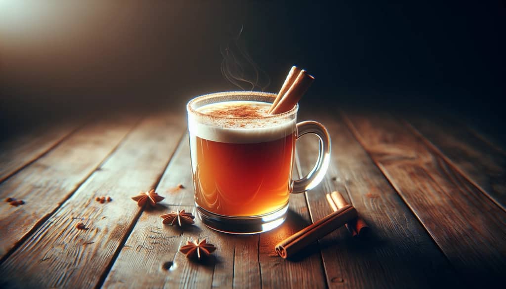 hot buttered rum in a clear mug with cinnamon stick garnish