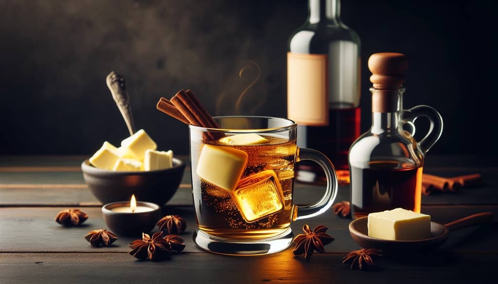 rum bottle and spices beside hot buttered rum glass