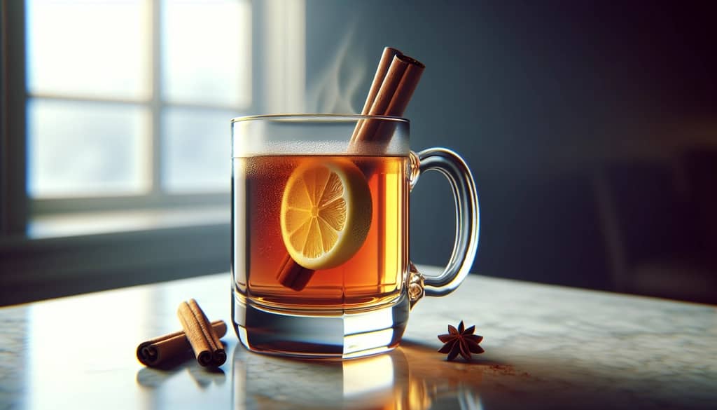 hot rum toddy with cinnamon stick on marble