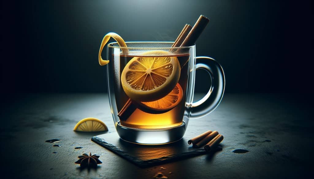 hot rum toddy garnished with lemon peel and cinnamon