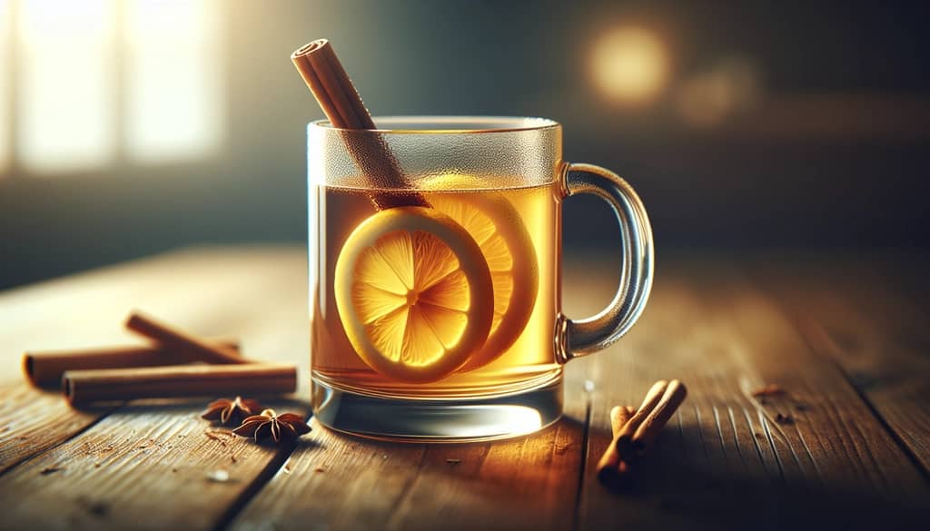 hot rum toddy with lemon wheel in mug