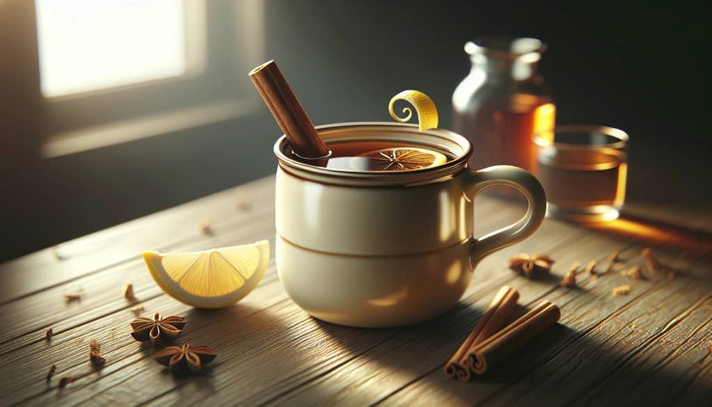 Hot toddy in a ceramic mug with cinnamon stick