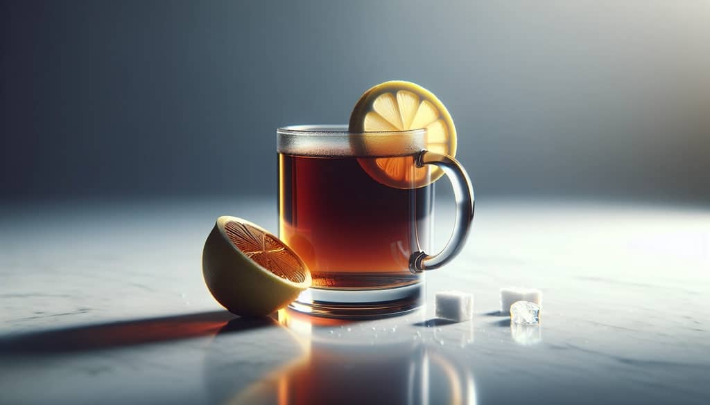hot toddy with dark rum and lemon garnish on marble