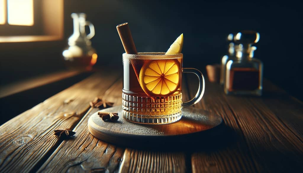 gorący toddy z przyprawionym rumem w szklanym kubku z laską cynamonu